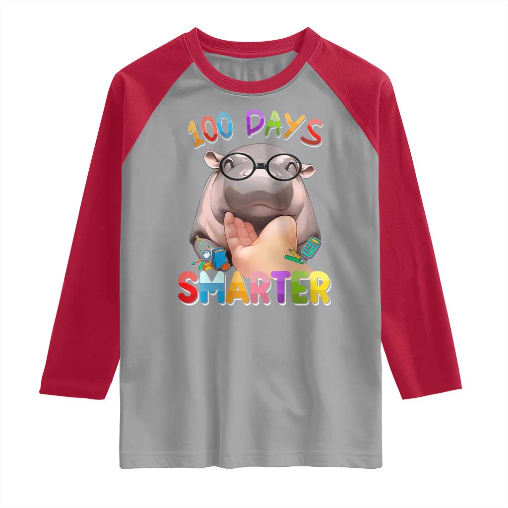 Funny Moo Deng 100 Days Smarter Raglan Shirt Teachers Students 100th Day Of School TS11 Sport Gray Red Print Your Wear