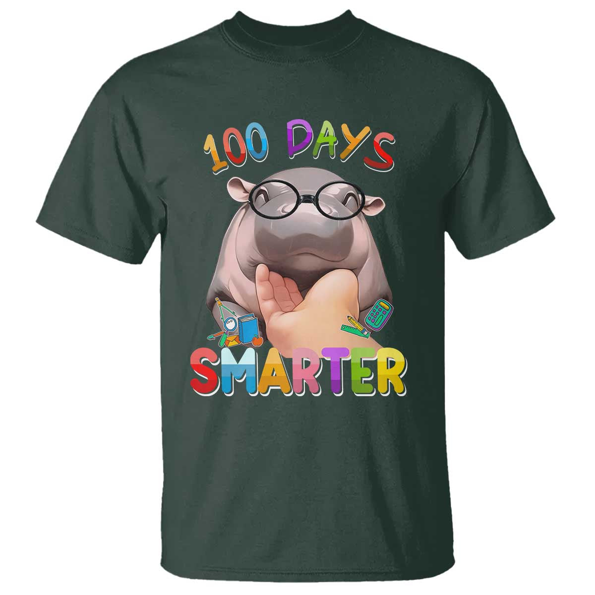 Funny Moo Deng 100 Days Smarter T Shirt Teachers Students 100th Day Of School TS11 Dark Forest Green Print Your Wear