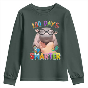 Funny Moo Deng 100 Days Smarter Youth Sweatshirt Teachers Students 100th Day Of School TS11 Dark Forest Green Print Your Wear