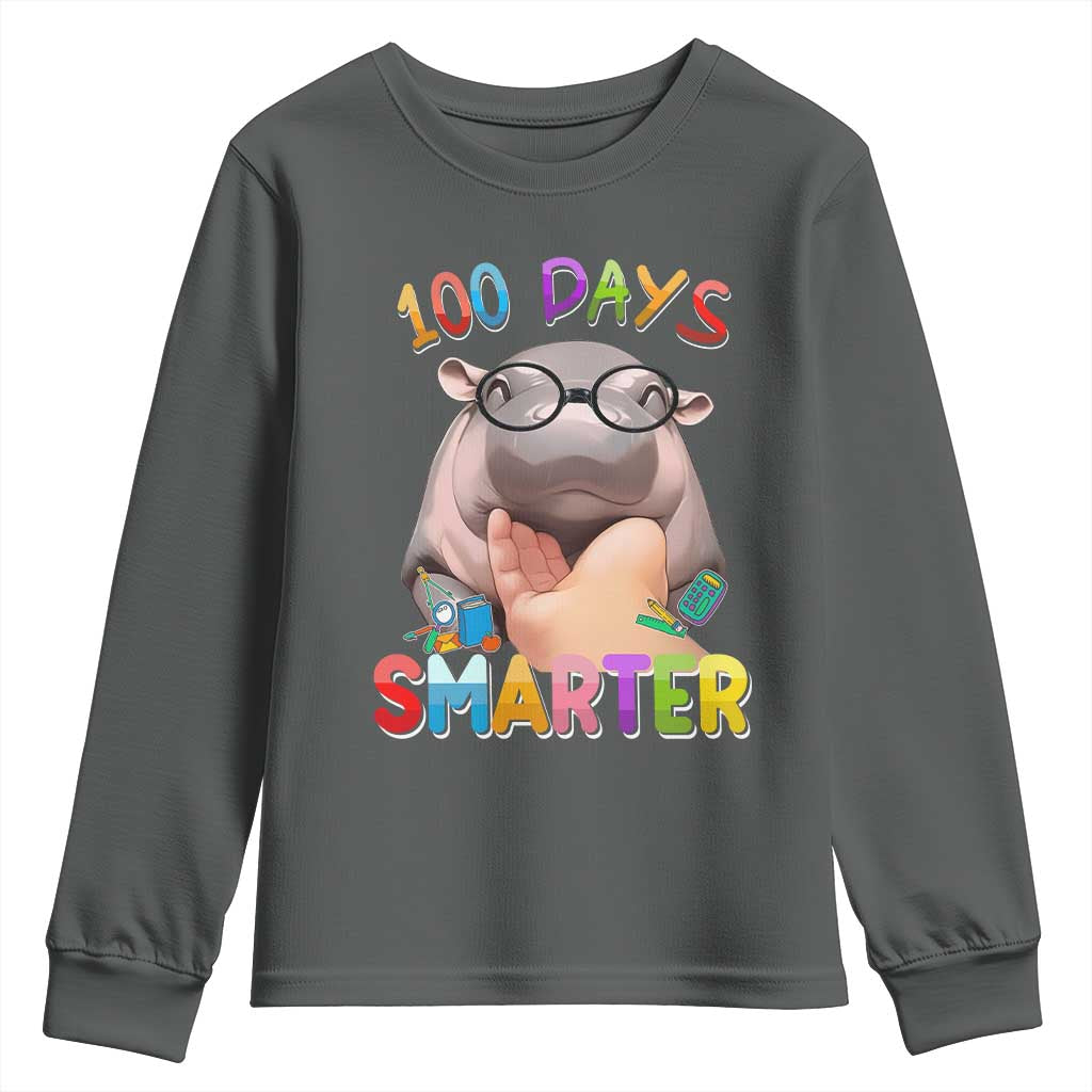 Funny Moo Deng 100 Days Smarter Youth Sweatshirt Teachers Students 100th Day Of School TS11 Dark Heather Print Your Wear