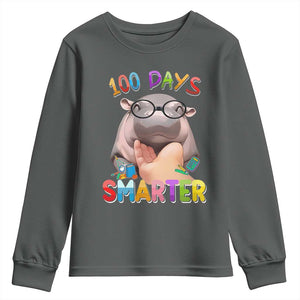 Funny Moo Deng 100 Days Smarter Youth Sweatshirt Teachers Students 100th Day Of School TS11 Dark Heather Print Your Wear