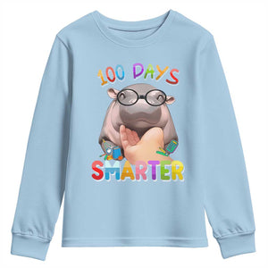 Funny Moo Deng 100 Days Smarter Youth Sweatshirt Teachers Students 100th Day Of School TS11 Light Blue Print Your Wear