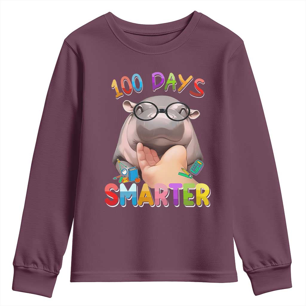Funny Moo Deng 100 Days Smarter Youth Sweatshirt Teachers Students 100th Day Of School TS11 Maroon Print Your Wear
