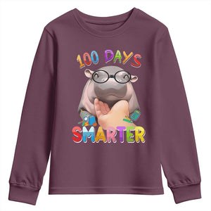 Funny Moo Deng 100 Days Smarter Youth Sweatshirt Teachers Students 100th Day Of School TS11 Maroon Print Your Wear