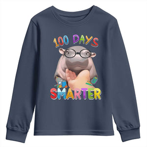Funny Moo Deng 100 Days Smarter Youth Sweatshirt Teachers Students 100th Day Of School TS11 Navy Print Your Wear