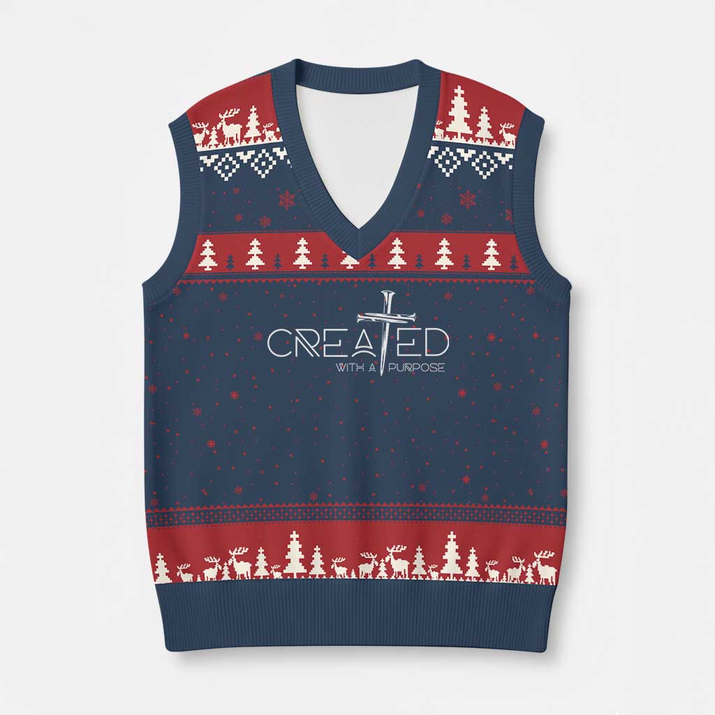 Created With A Purpose V-Neck Knit Sweater Vest Christian Faith Cross TS11 Navy Red Print Your Wear