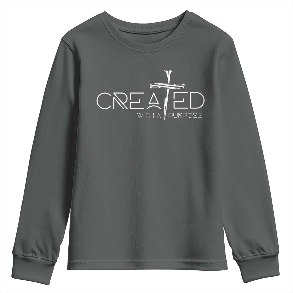 Created With A Purpose Youth Sweatshirt Christian Faith Cross TS11 Dark Heather Print Your Wear