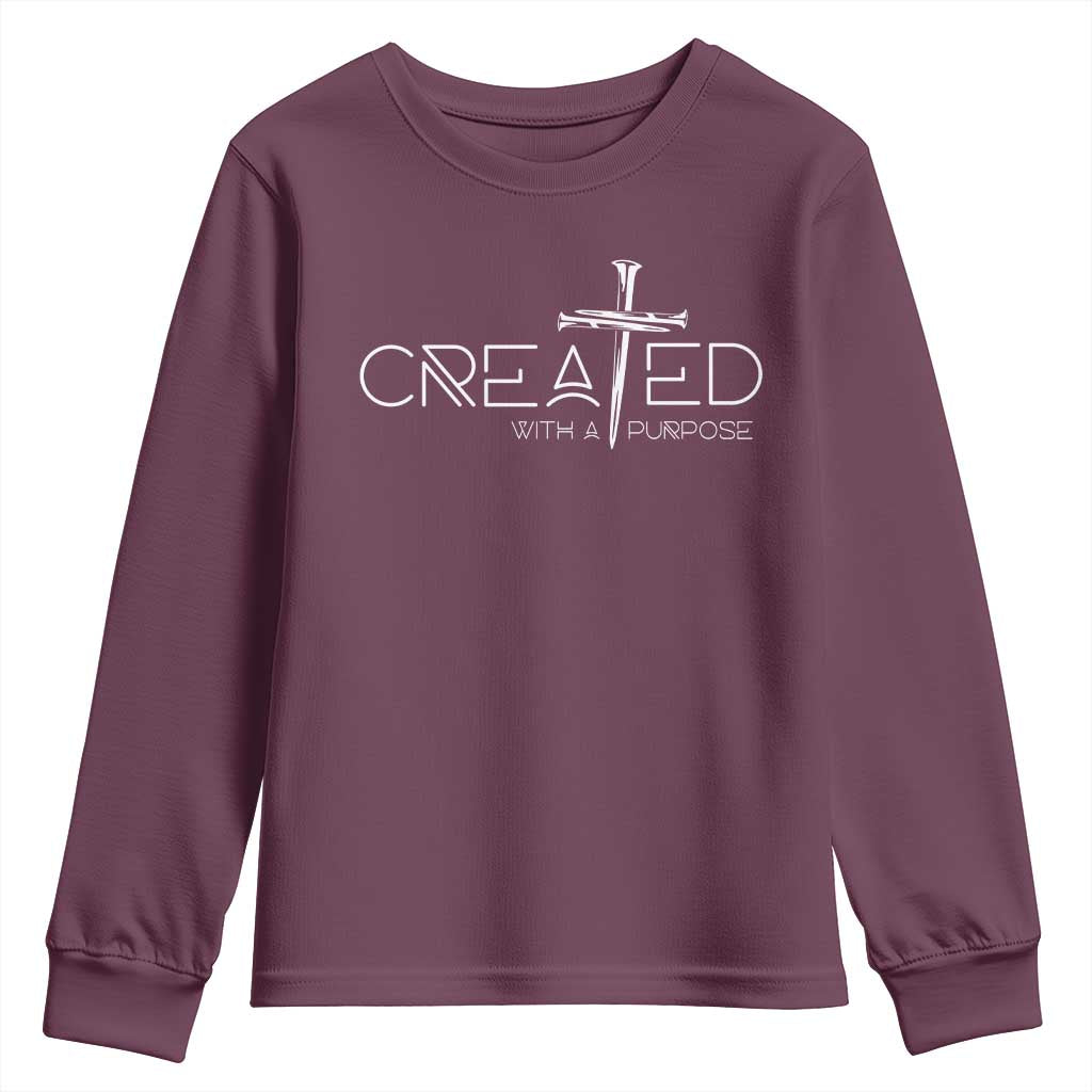 Created With A Purpose Youth Sweatshirt Christian Faith Cross TS11 Maroon Print Your Wear
