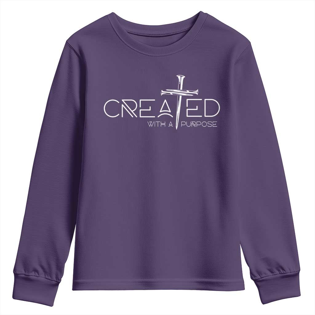 Created With A Purpose Youth Sweatshirt Christian Faith Cross TS11 Purple Print Your Wear