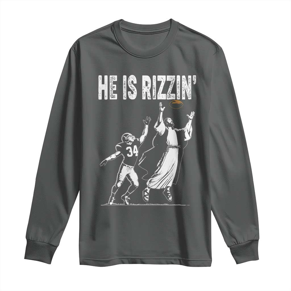 Funny Jesus American Football He Is Rizzin' Long Sleeve Shirt TS11 Dark Heather Print Your Wear