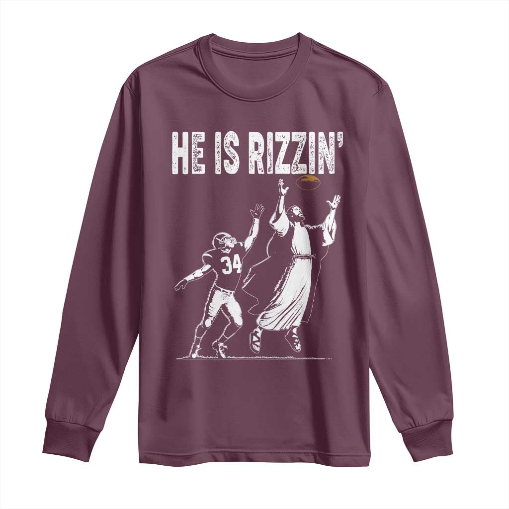 Funny Jesus American Football He Is Rizzin' Long Sleeve Shirt TS11 Maroon Print Your Wear