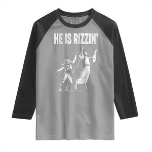 Funny Jesus American Football He Is Rizzin' Raglan Shirt TS11 Sport Gray Black Print Your Wear