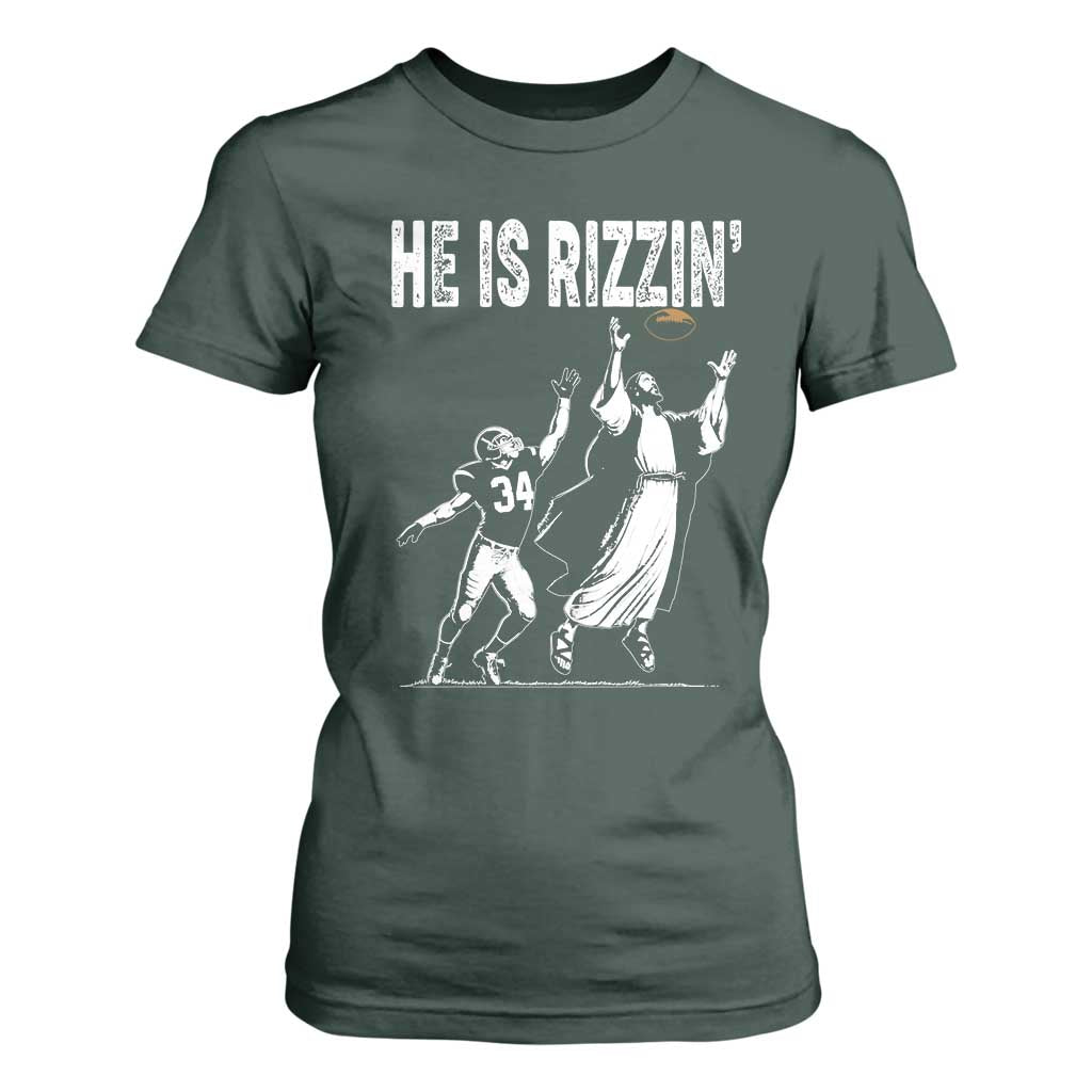Funny Jesus American Football He Is Rizzin' T Shirt For Women TS11 Dark Forest Green Print Your Wear