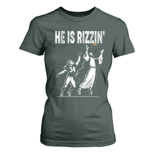 Funny Jesus American Football He Is Rizzin' T Shirt For Women TS11 Dark Forest Green Print Your Wear