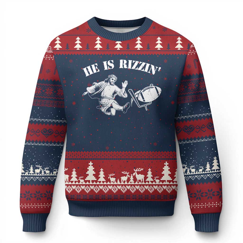 Funny Jesus American Football He Is Rizzin' Meme Ugly Christmas Sweater TS11 Navy Red Print Your Wear
