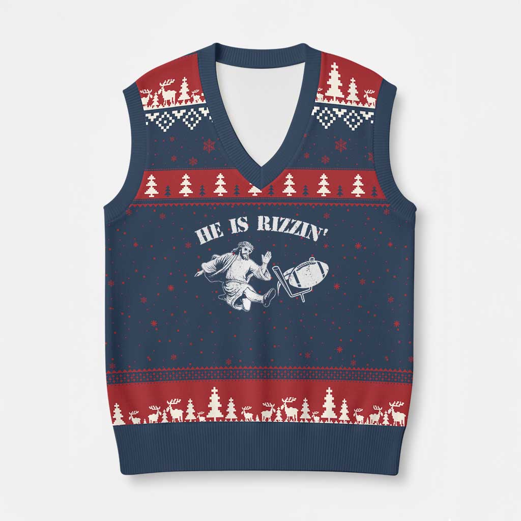 Funny Jesus American Football He Is Rizzin' Meme V-Neck Knit Sweater Vest TS11 Navy Red Print Your Wear