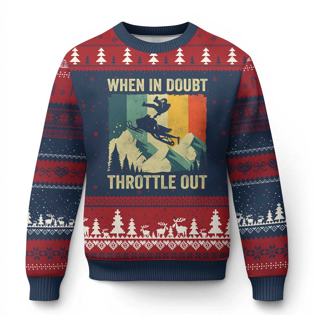 Funny Snowmobile Sled When In Doubt Throttle Out Ugly Christmas Sweater Winter Sports TS11 Navy Red Print Your Wear