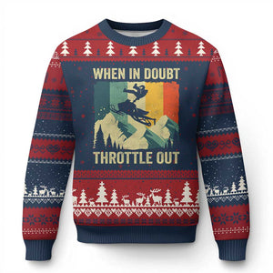 Funny Snowmobile Sled When In Doubt Throttle Out Ugly Christmas Sweater Winter Sports TS11 Navy Red Print Your Wear