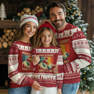 Funny Snowmobile Sled When In Doubt Throttle Out Ugly Christmas Sweater Winter Sports TS11 Red Beige Print Your Wear