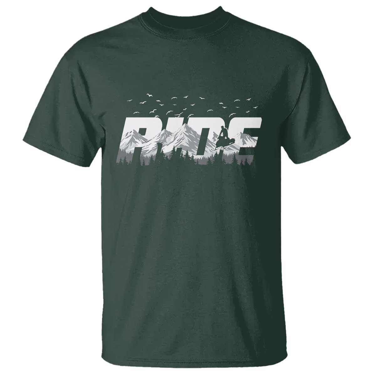 Snowmobile Ride Motor Sled Racing Winter Mountain Sports Fan T Shirt TS11 Dark Forest Green Print Your Wear