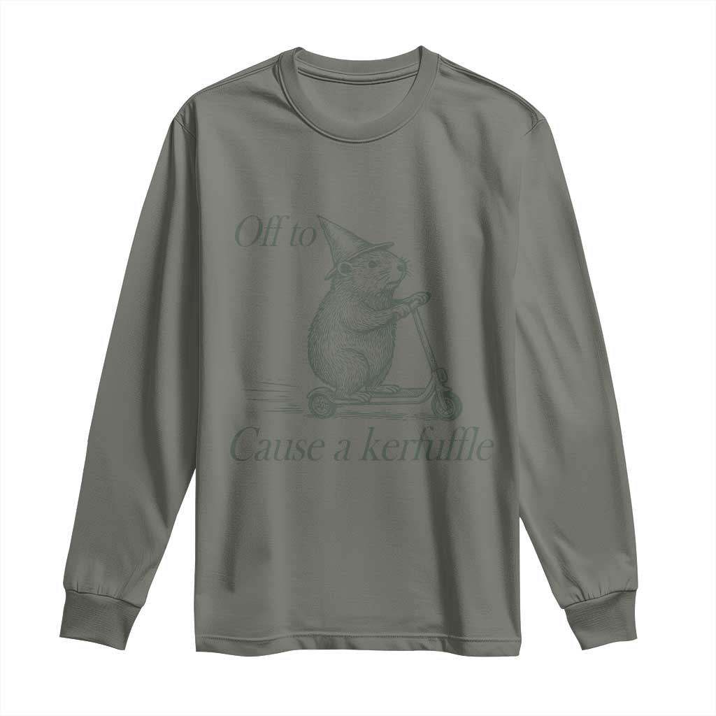 Off To Cause A Kerfuffle Long Sleeve Shirt Funny Groundhog Scooter Chaos TS11 Military Green Print Your Wear