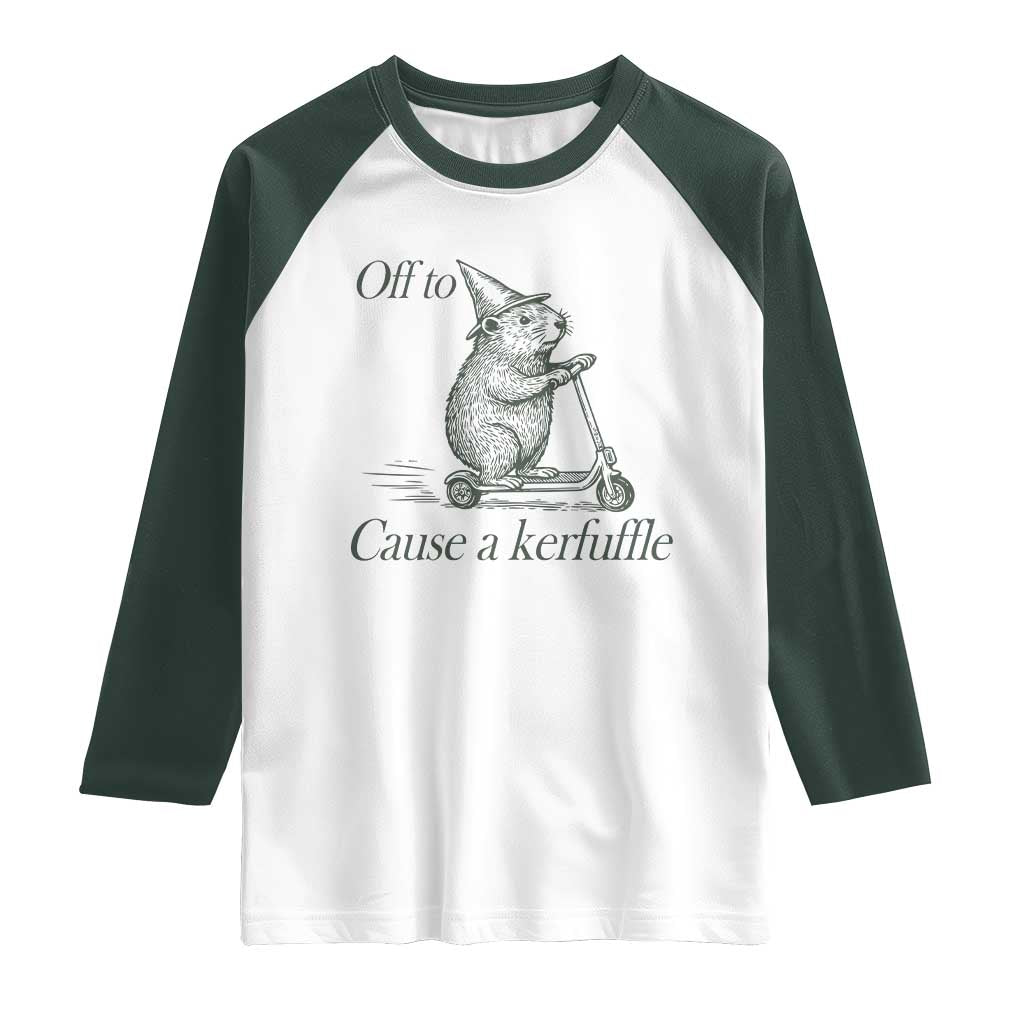 Off To Cause A Kerfuffle Raglan Shirt Funny Groundhog Scooter Chaos TS11 White Dark Forest Green Print Your Wear