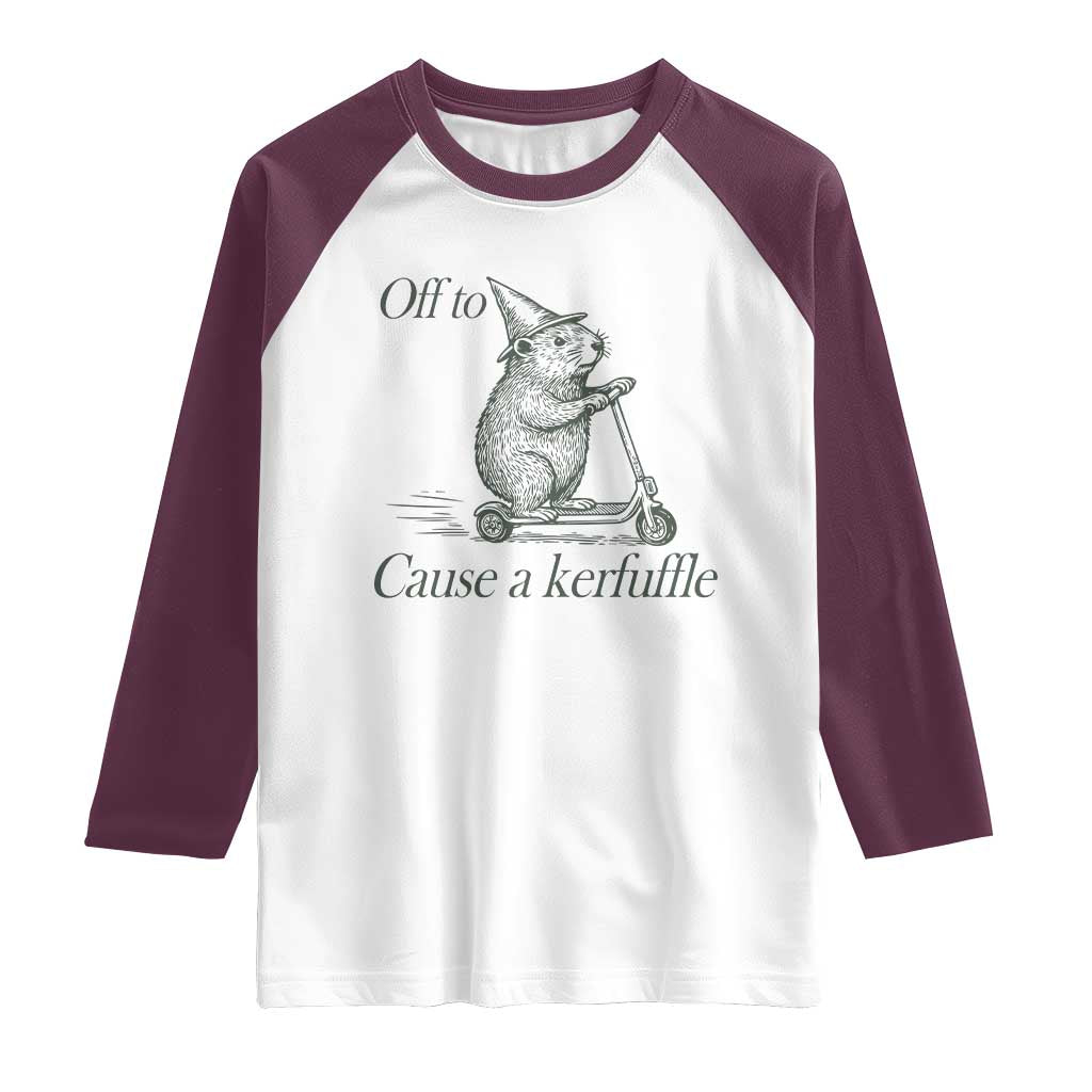 Off To Cause A Kerfuffle Raglan Shirt Funny Groundhog Scooter Chaos TS11 White Maroon Print Your Wear