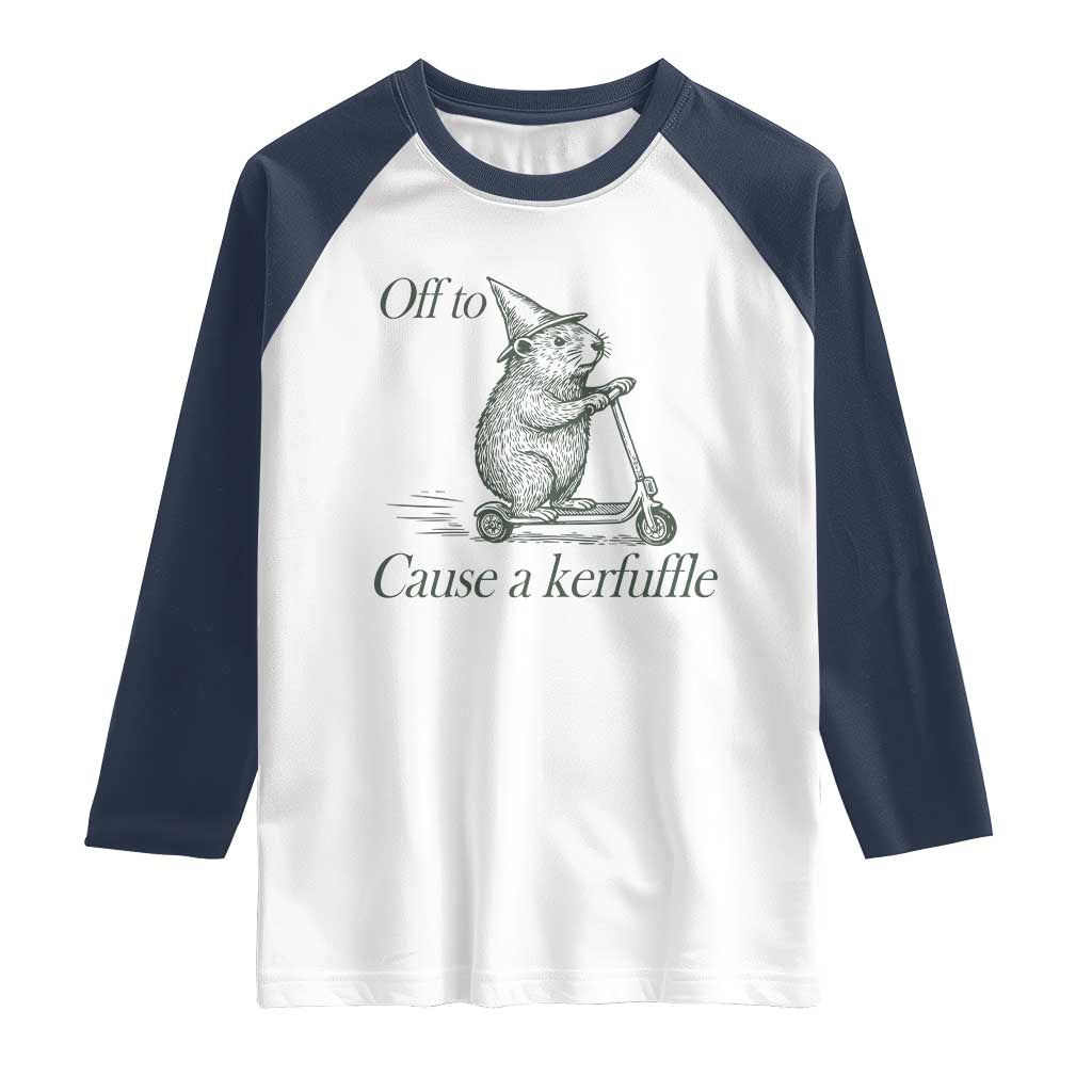 Off To Cause A Kerfuffle Raglan Shirt Funny Groundhog Scooter Chaos TS11 White Navy Print Your Wear