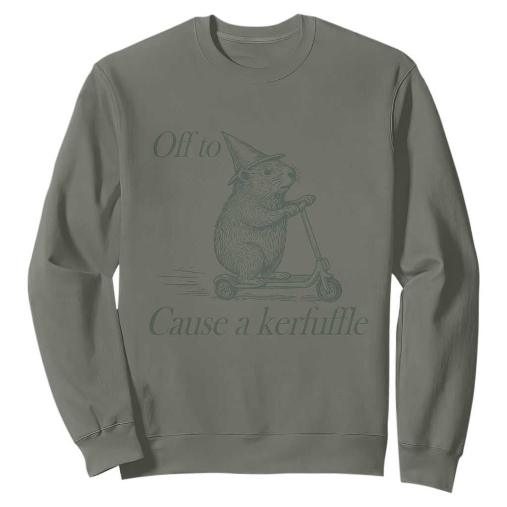 Off To Cause A Kerfuffle Sweatshirt Funny Groundhog Scooter Chaos TS11 Military Green Print Your Wear
