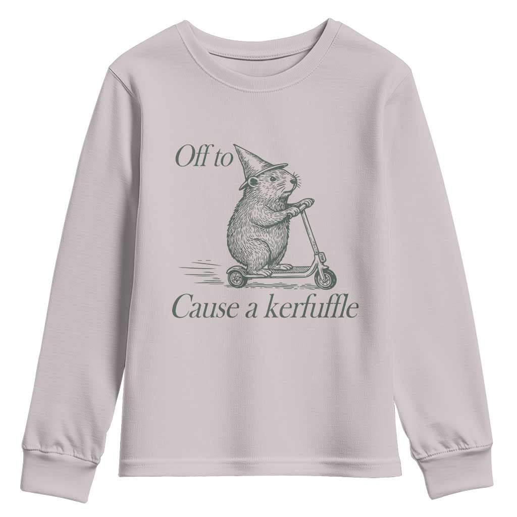 Off To Cause A Kerfuffle Youth Sweatshirt Funny Groundhog Scooter Chaos TS11 Ice Gray Print Your Wear