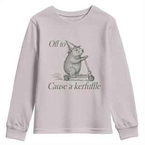 Off To Cause A Kerfuffle Youth Sweatshirt Funny Groundhog Scooter Chaos TS11 Ice Gray Print Your Wear