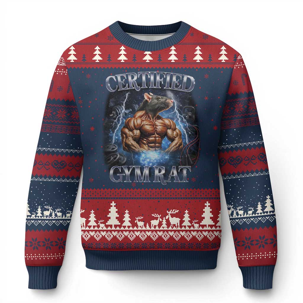 Funny Certified Gym Rat Ugly Christmas Sweater Fitness Bodybuilding Gym Lovers Meme TS11 Navy Red Print Your Wear