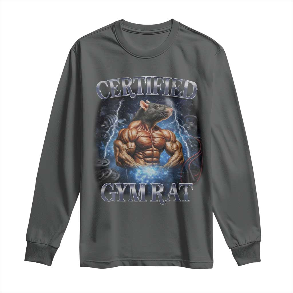 Funny Certified Gym Rat Long Sleeve Shirt Fitness Bodybuilding Gym Lovers Meme TS11 Dark Heather Print Your Wear
