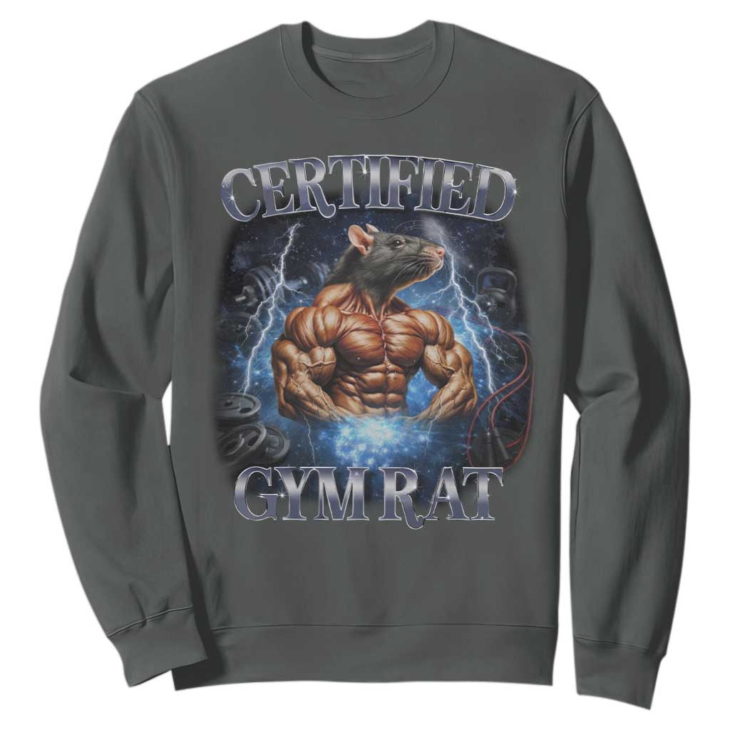 Funny Certified Gym Rat Sweatshirt Fitness Bodybuilding Gym Lovers Meme TS11 Dark Heather Print Your Wear