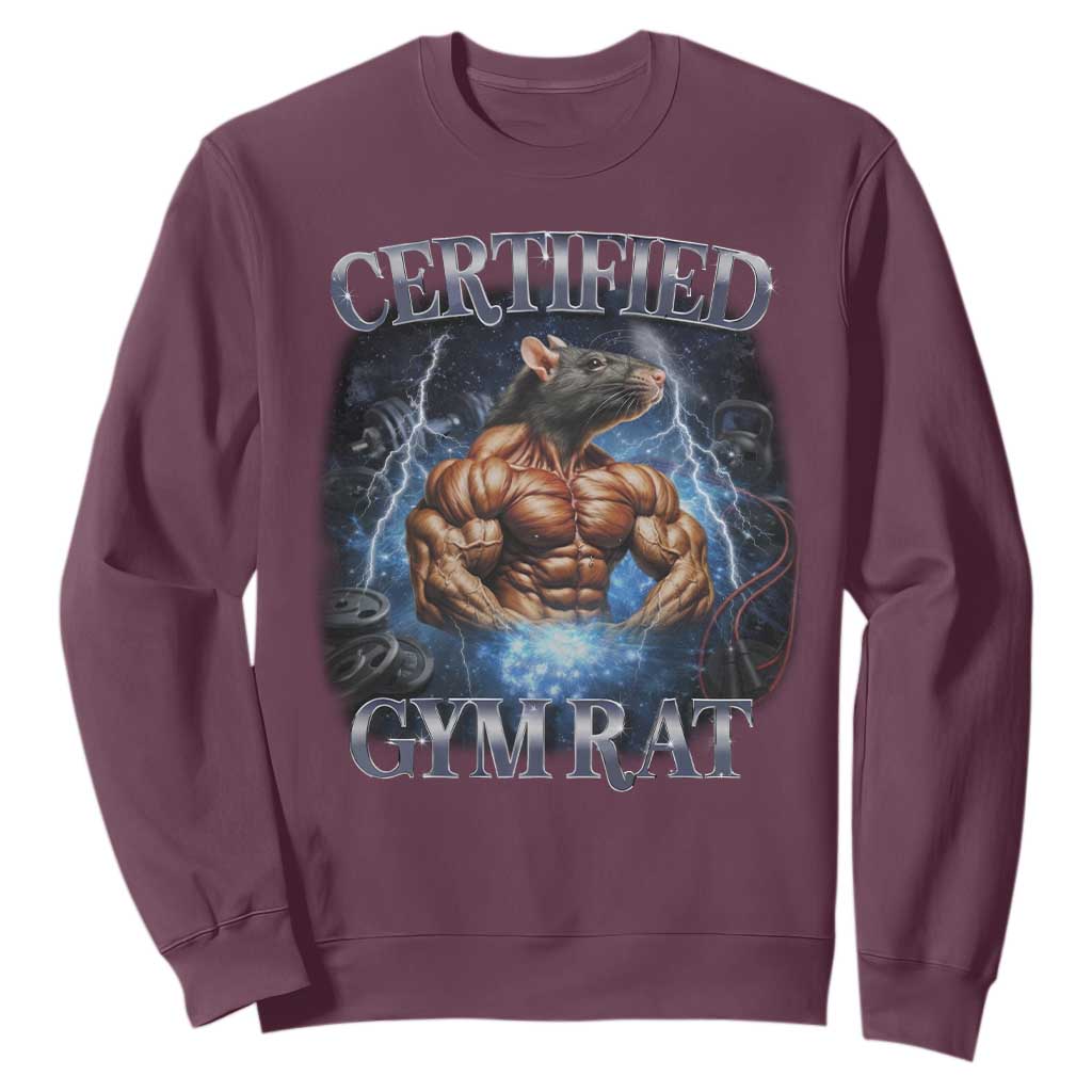 Funny Certified Gym Rat Sweatshirt Fitness Bodybuilding Gym Lovers Meme TS11 Maroon Print Your Wear