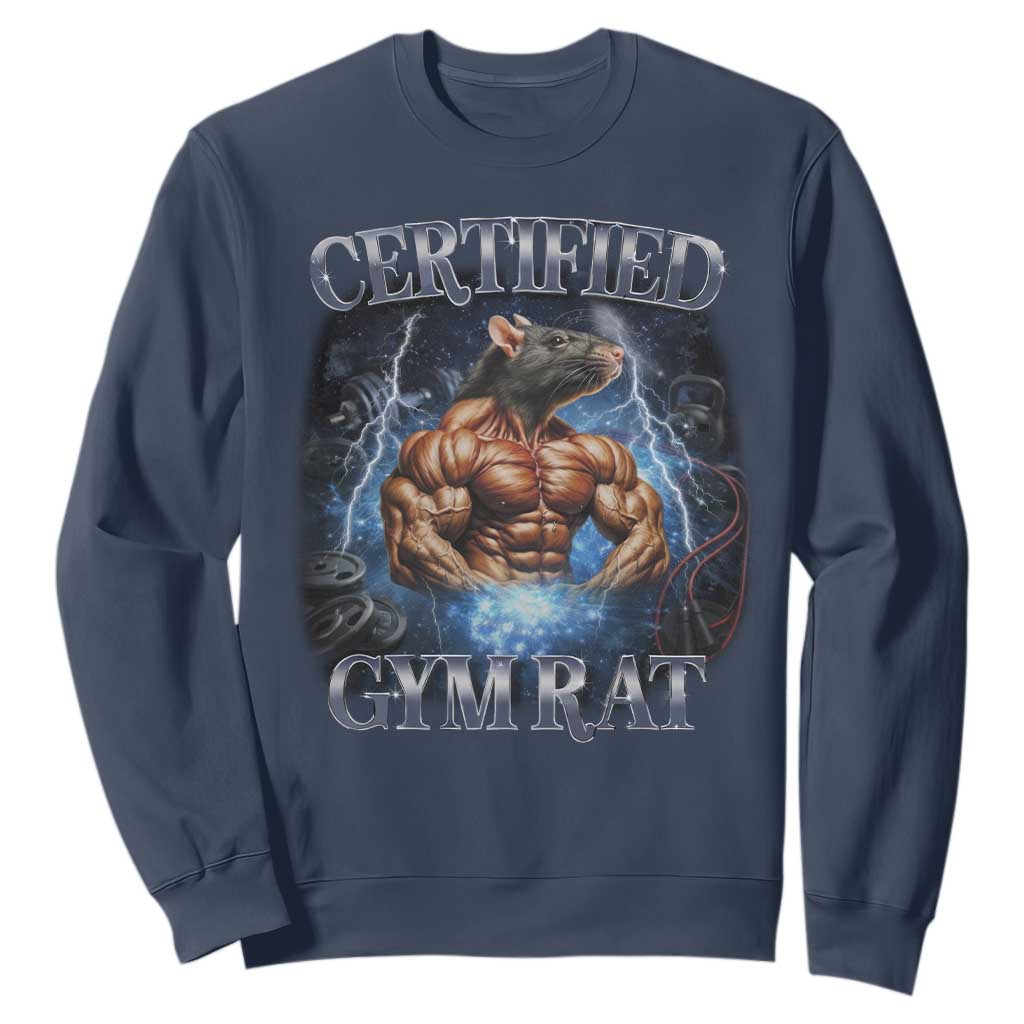 Funny Certified Gym Rat Sweatshirt Fitness Bodybuilding Gym Lovers Meme TS11 Navy Print Your Wear