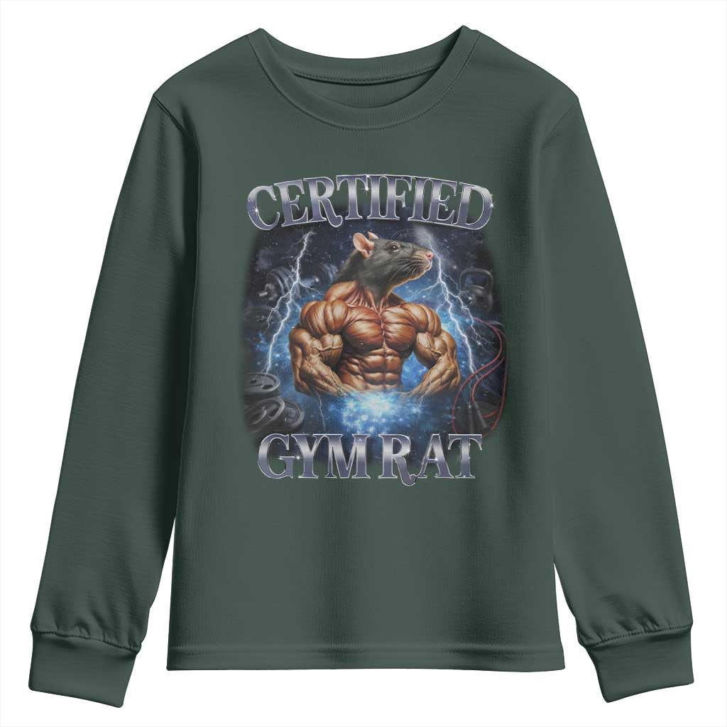 Funny Certified Gym Rat Youth Sweatshirt Fitness Bodybuilding Gym Lovers Meme TS11 Dark Forest Green Print Your Wear