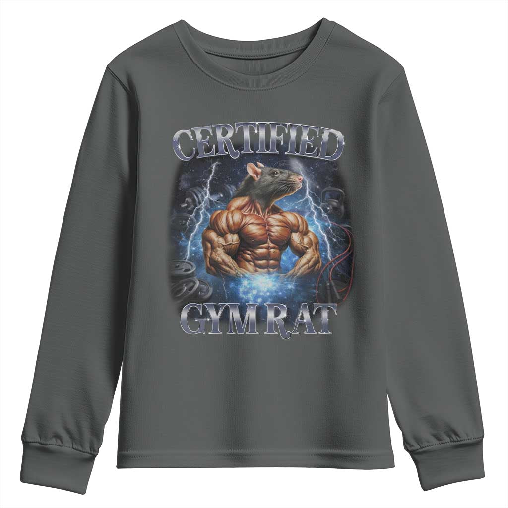 Funny Certified Gym Rat Youth Sweatshirt Fitness Bodybuilding Gym Lovers Meme TS11 Dark Heather Print Your Wear