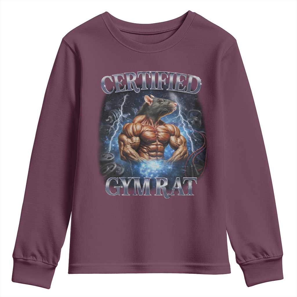 Funny Certified Gym Rat Youth Sweatshirt Fitness Bodybuilding Gym Lovers Meme TS11 Maroon Print Your Wear