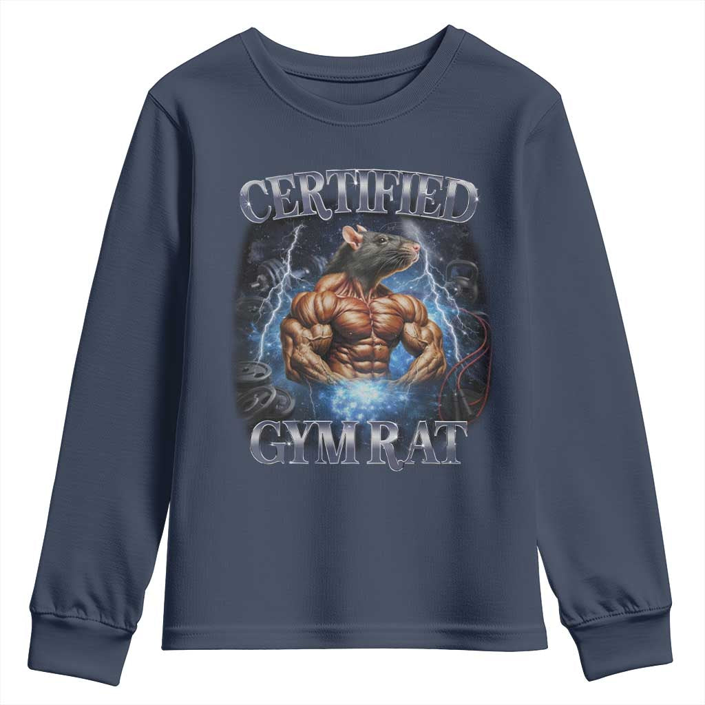 Funny Certified Gym Rat Youth Sweatshirt Fitness Bodybuilding Gym Lovers Meme TS11 Navy Print Your Wear