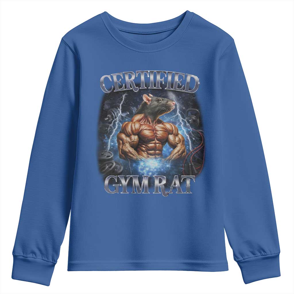 Funny Certified Gym Rat Youth Sweatshirt Fitness Bodybuilding Gym Lovers Meme TS11 Royal Blue Print Your Wear