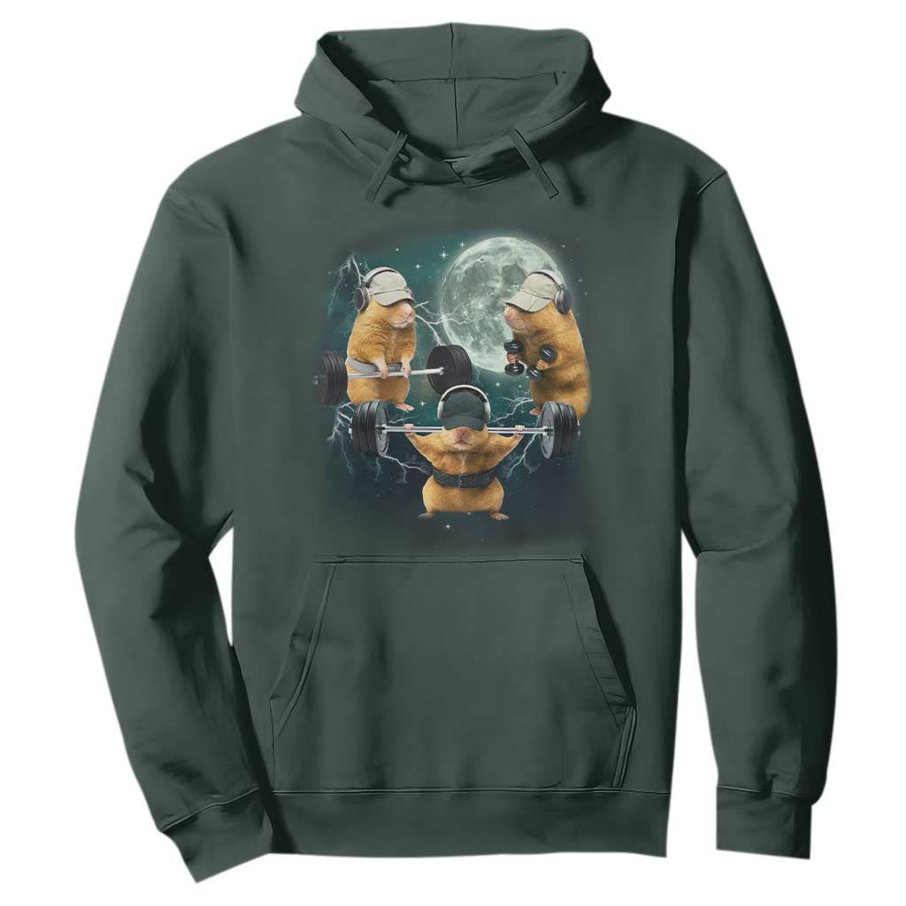Funny Three Hamster Deadlift Gym Rat Moon Training Weightlifting Meme Hoodie TS11 Dark Forest Green Print Your Wear