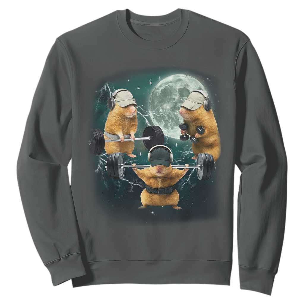Funny Three Hamster Deadlift Gym Rat Moon Training Weightlifting Meme Sweatshirt TS11 Dark Heather Print Your Wear