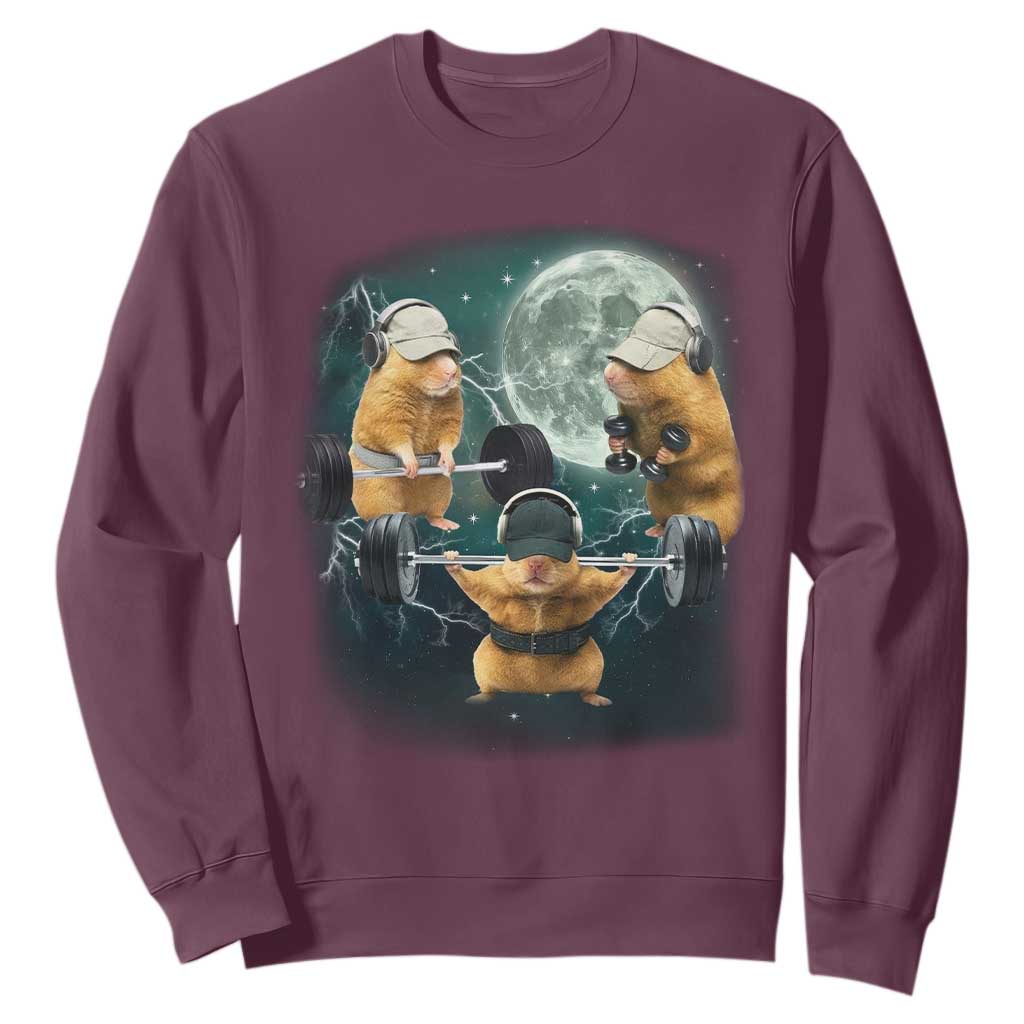 Funny Three Hamster Deadlift Gym Rat Moon Training Weightlifting Meme Sweatshirt TS11 Maroon Print Your Wear
