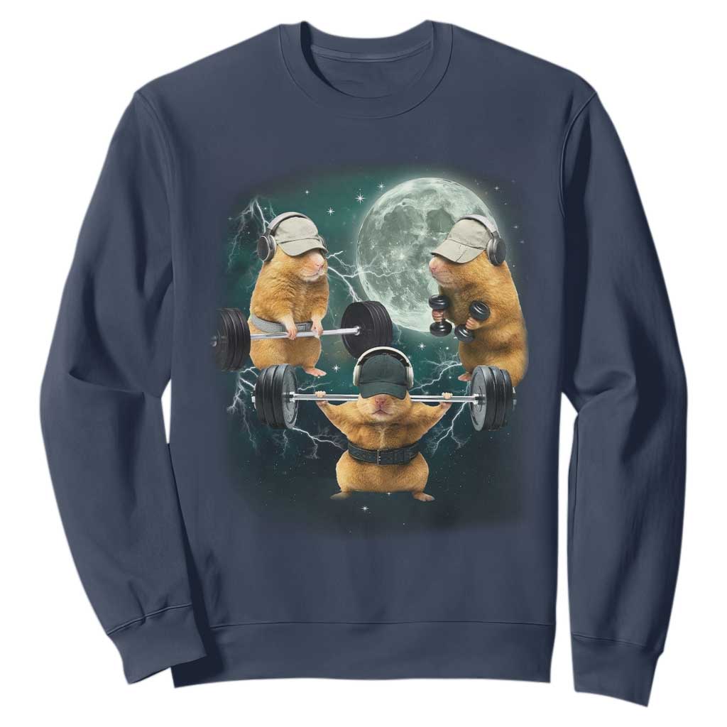 Funny Three Hamster Deadlift Gym Rat Moon Training Weightlifting Meme Sweatshirt TS11 Navy Print Your Wear