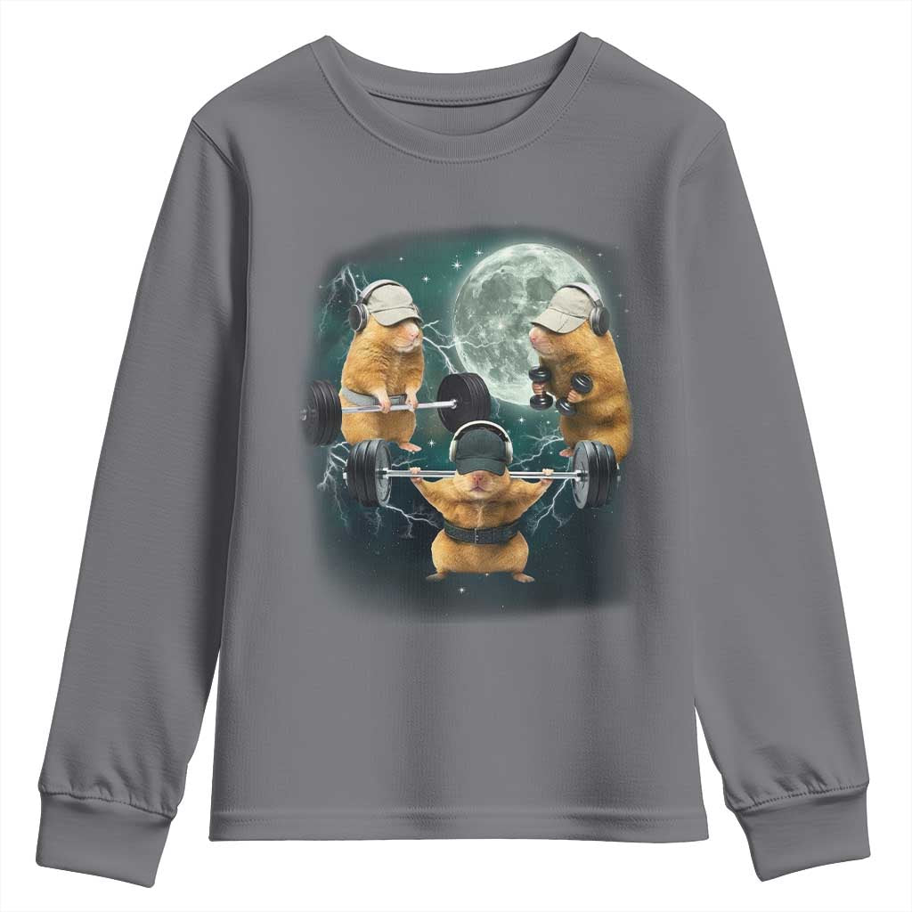 Funny Three Hamster Deadlift Gym Rat Moon Training Weightlifting Meme Youth Sweatshirt TS11 Charcoal Print Your Wear