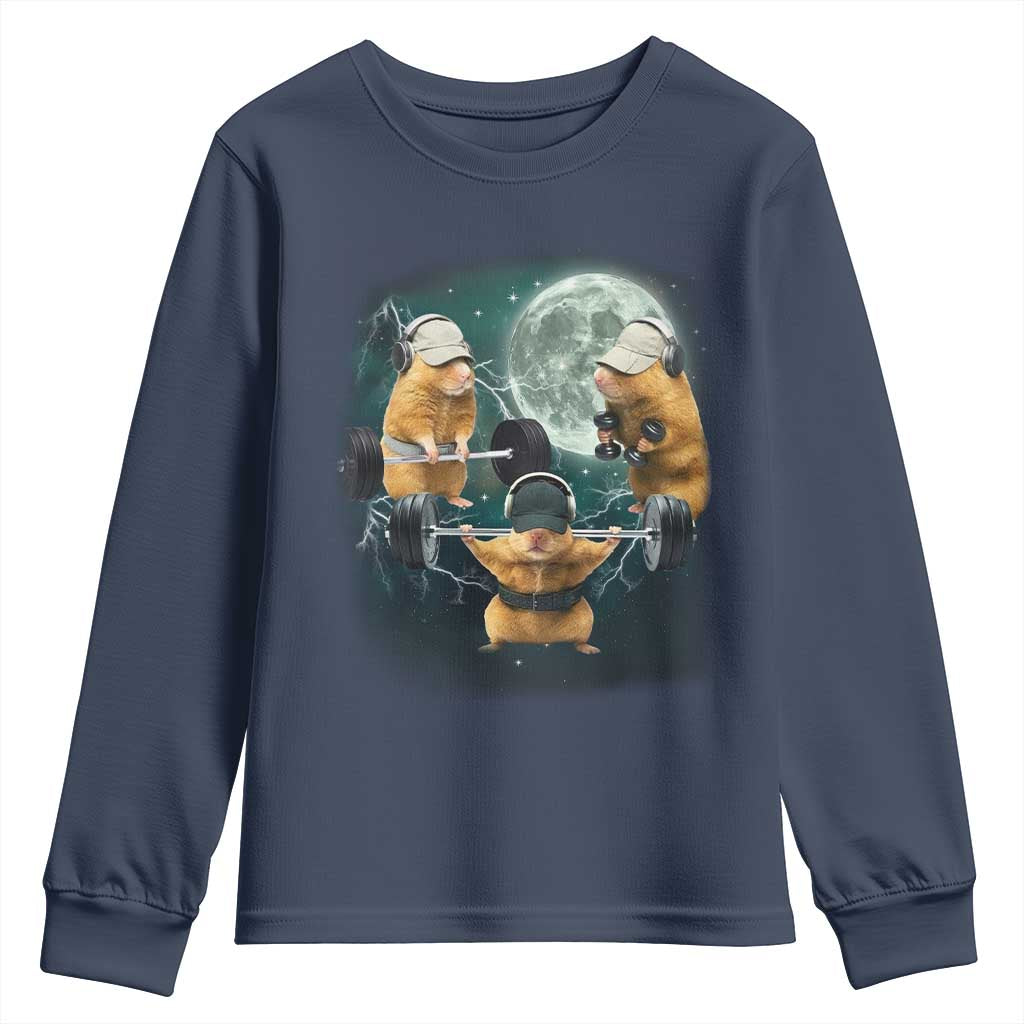 Funny Three Hamster Deadlift Gym Rat Moon Training Weightlifting Meme Youth Sweatshirt TS11 Navy Print Your Wear