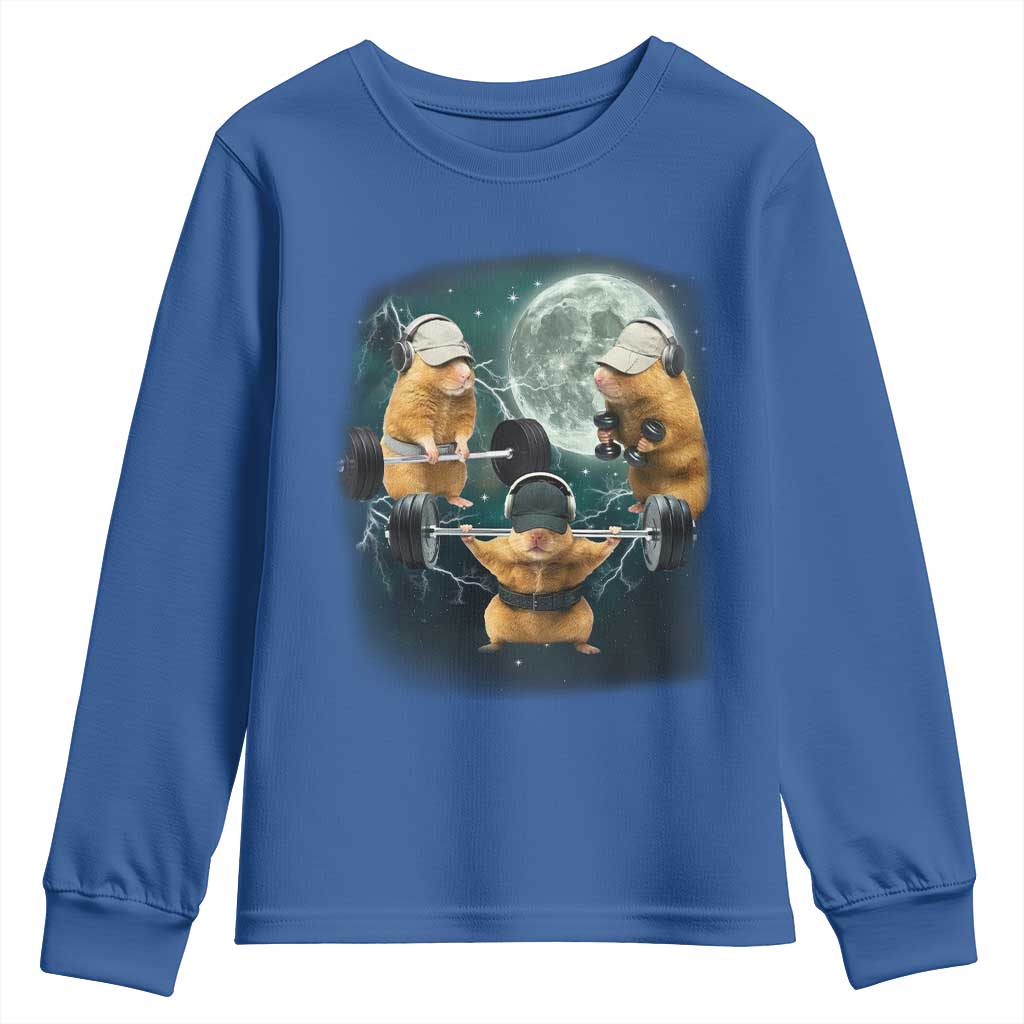 Funny Three Hamster Deadlift Gym Rat Moon Training Weightlifting Meme Youth Sweatshirt TS11 Royal Blue Print Your Wear