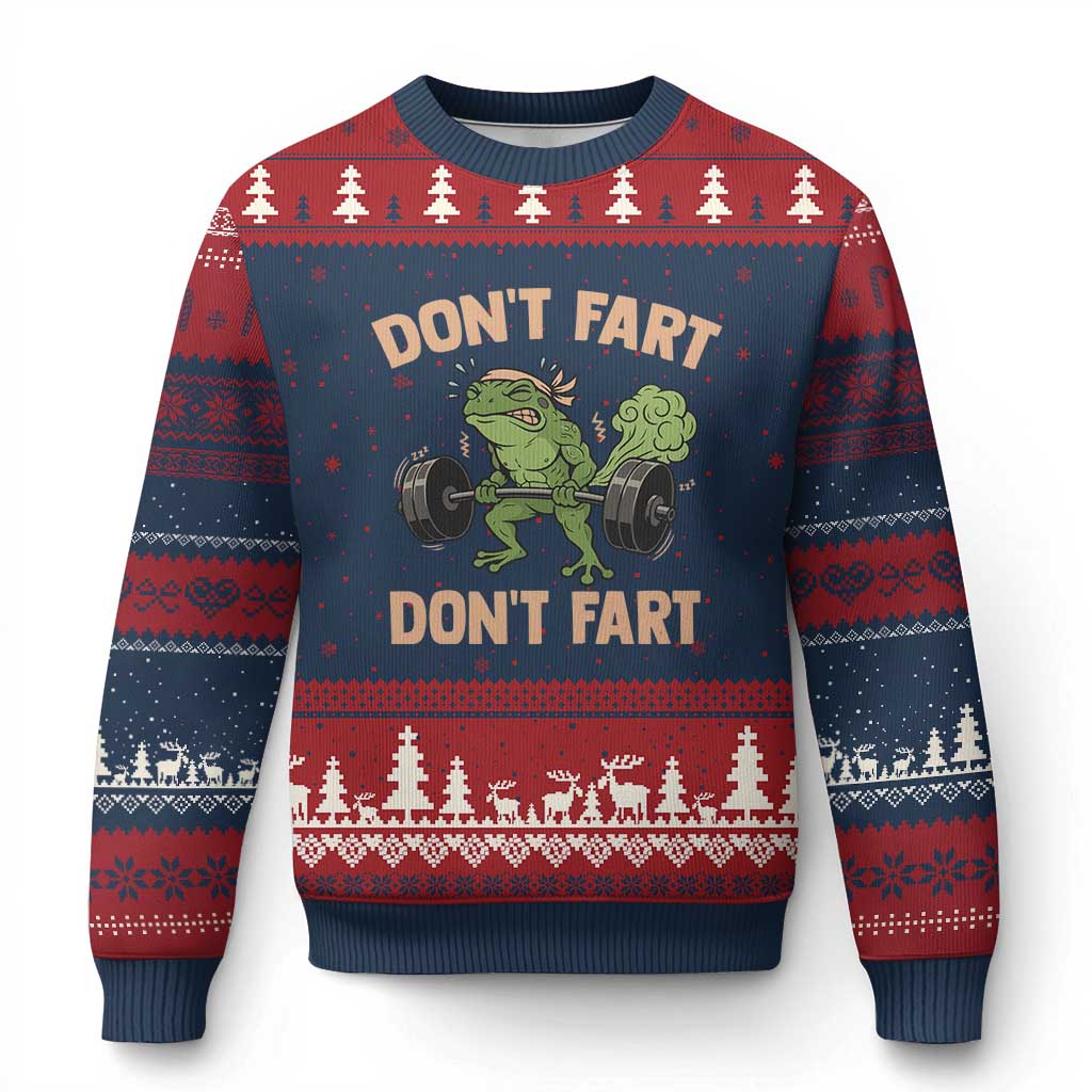 Gym Frog Ugly Christmas Sweater Dont Fart Workout Weights Squat Humor TS11 Navy Red Print Your Wear