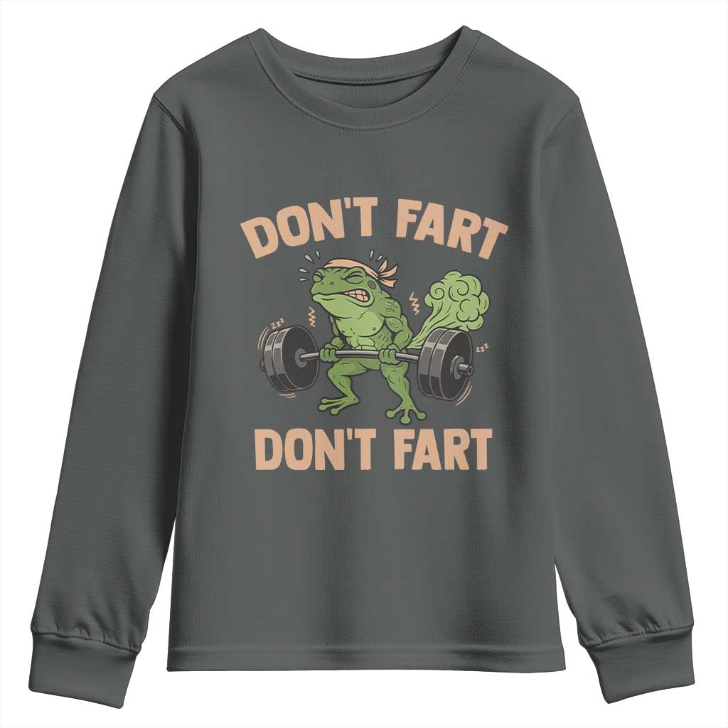 Gym Frog Youth Sweatshirt Dont Fart Workout Weights Squat Humor TS11 Dark Heather Print Your Wear